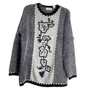 De Rotchild Silk Angora VTG Lambswool Blend Sweater Embroidered Sz L Gray Black